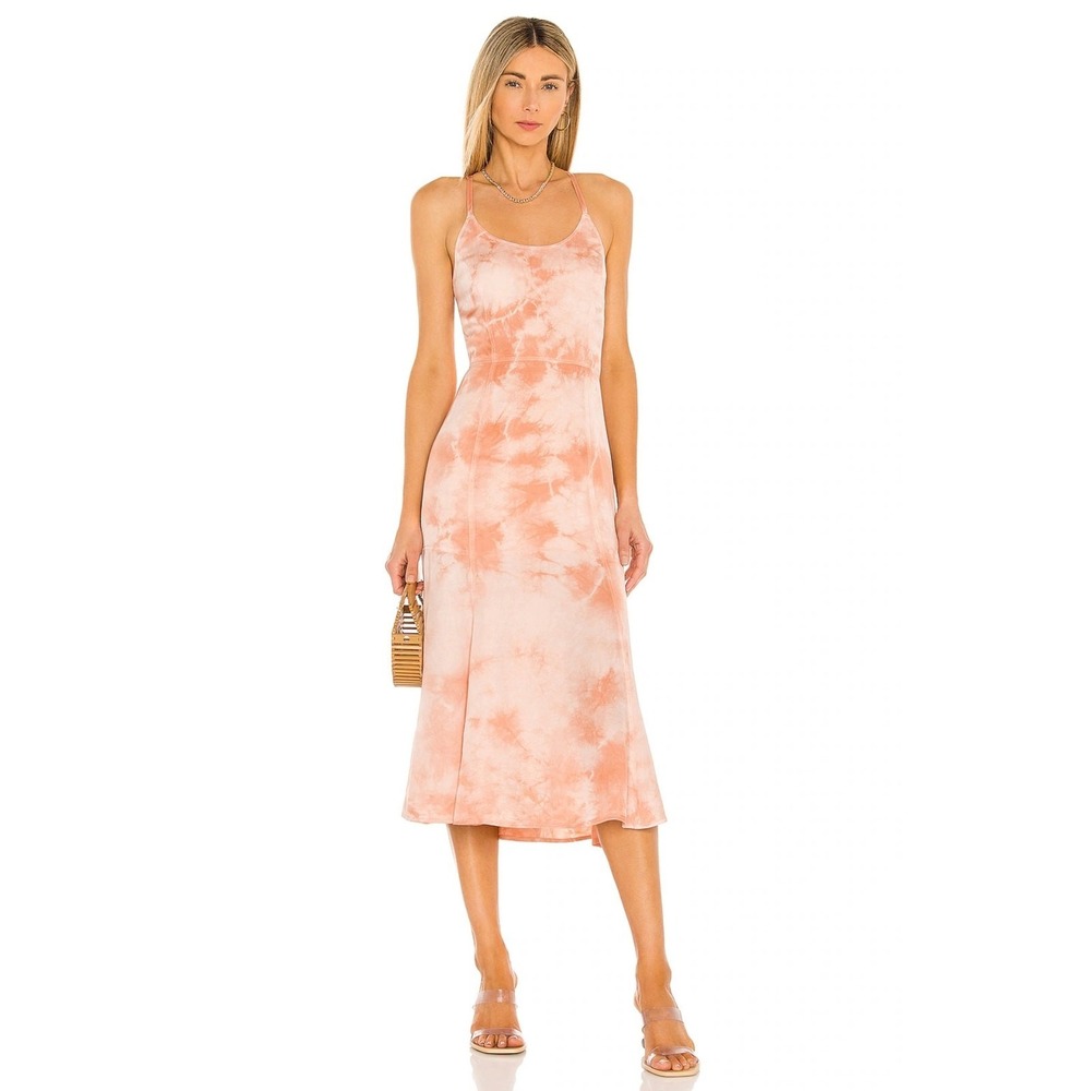 Raquel Allegra Sienna Apricot Cloudwash Tie Dye Print Midi Dress Size 3/L New